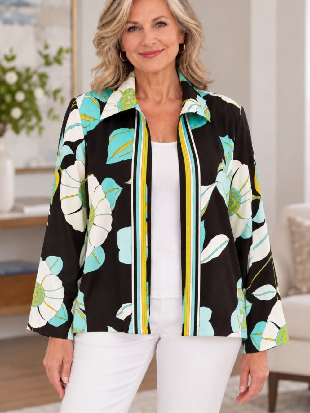 NWT Russell Scott Women’s Size 10 100% Silk Floral Open Front Jacket Wonderama